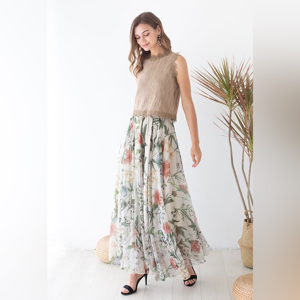 Stunning botanical/tropical breezy chiffon maxi boho skirt w prairie/beach vibe